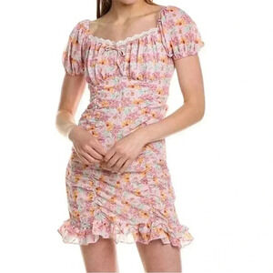 NWT 70/21 Floral Lace Mini Dress Medium M Puff Sleeve Corset Ruched Ruffle Hem
